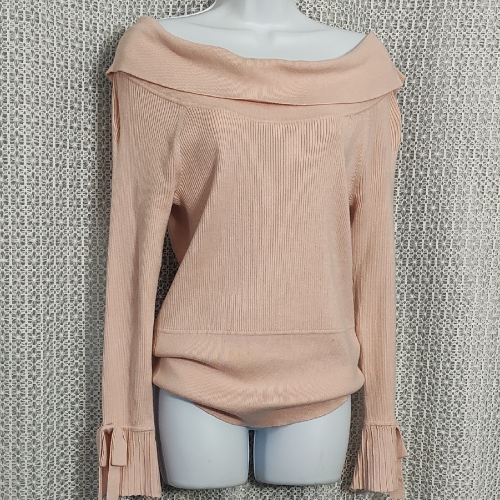 Chic Off-Shoulder Blush Sweater - Picture 2 of 12